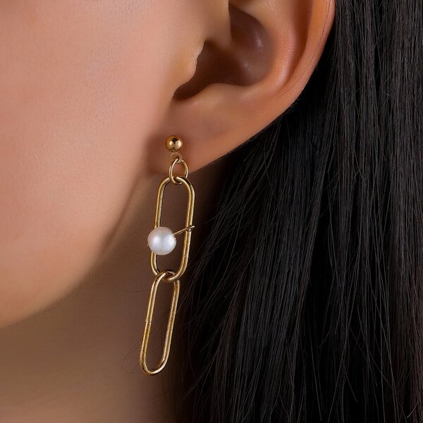 

Faux Pearl Detail Geometric Drop Earrings, Gold