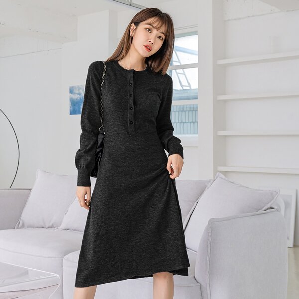 

Half Button Sweater Dress, Black