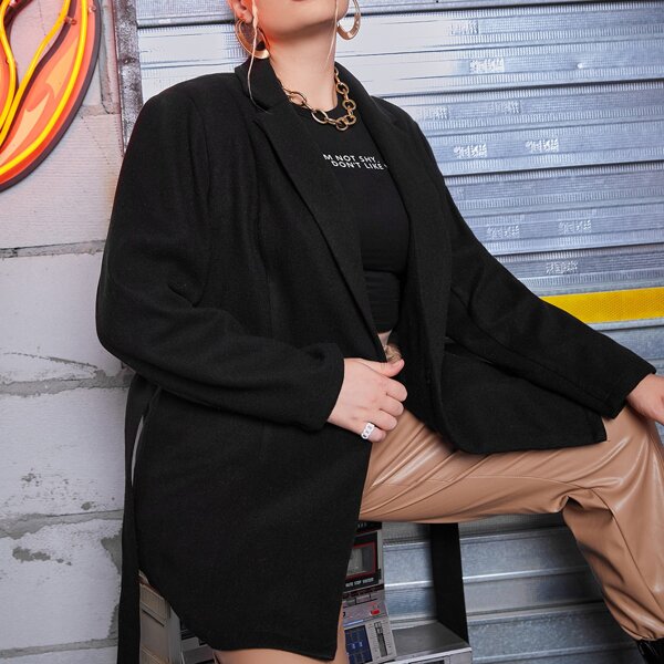 

Plus Solid Asymmetrical Hem Belted Overcoat, Black