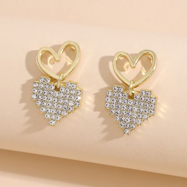 

Rhinestone Heart Drop Earrings, Gold