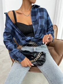 SHEIN LUNE 落肩格紋長款襯衫 - 藍色 - 查看 1