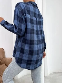 SHEIN LUNE 落肩格紋長款襯衫 - 藍色 - 查看 2