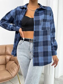 SHEIN LUNE 落肩格紋長款襯衫 - 藍色 - 查看 6