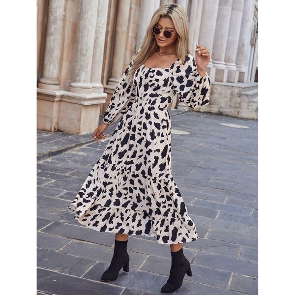 Allover Print Lantern Sleeve Ruffle Hem Dress Without Belt, Black and white