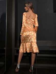 印花雞心領口魚尾裙下擺連衣裙 - 橘色 - 查看 2