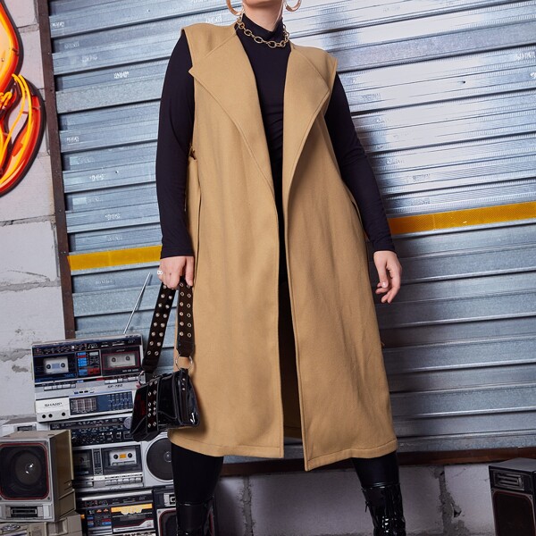

Plus Waterfall Collar Belted Overcoat Without Tee, Camel