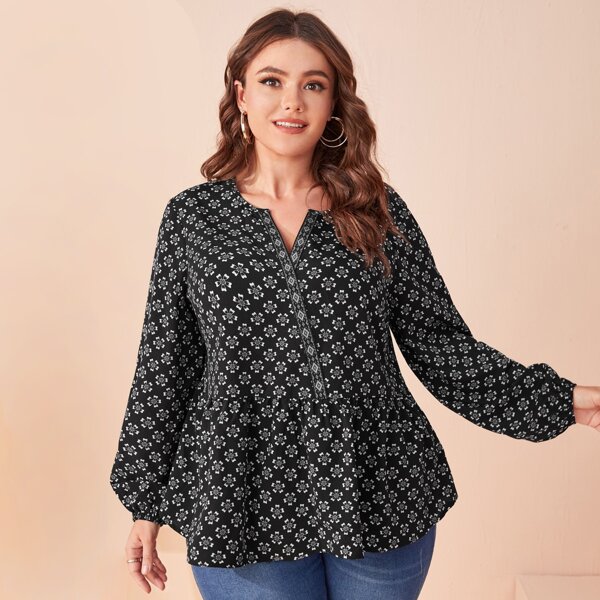 

Plus Allover Floral Peplum Blouse, Black