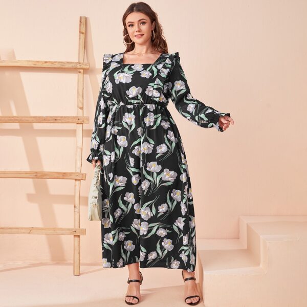 

Plus Allover Floral Ruffle Trim Dress, Multicolor