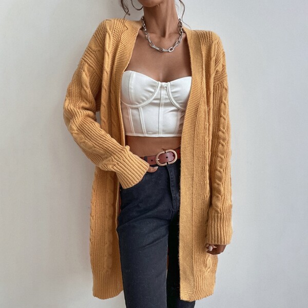 

Open Front Cable Knit Cardigan, Mustard yellow