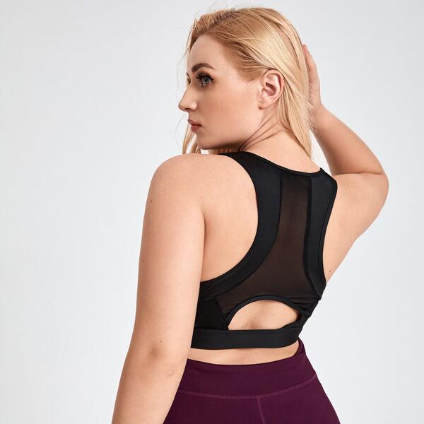 

Plus Medium Support Mesh Insert Cut Out Back Sports Bra, Black