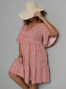 Flirla Đầm Plus Size Xù Viên lá sen Tim Tất cả trên in Boho - Hồng - Xem 4