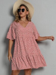 Flirla Đầm Plus Size Xù Viên lá sen Tim Tất cả trên in Boho - Hồng - Xem 5