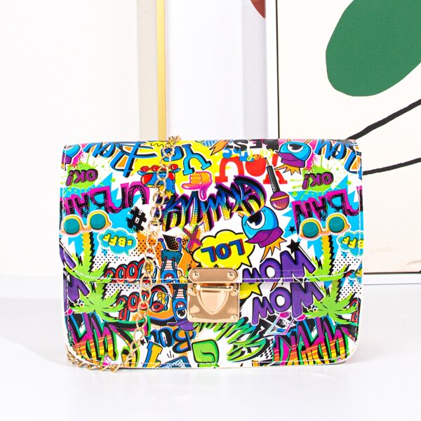 

Graffiti Graphic Twist Lock Chain Square Bag, Multicolor