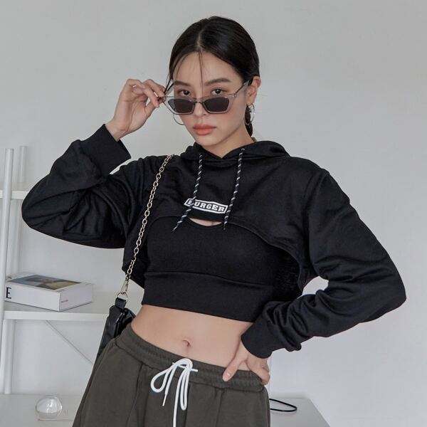 

Letter Graphic Drawstring Super Crop Hoodie Without Top, Black