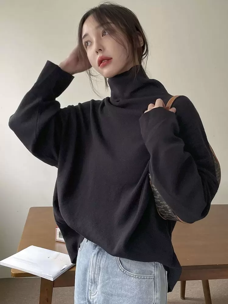 DAZY Sudadera Extragrande De Manga De Murciélago De Cuello Alto - Negro - Ver 1