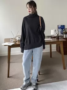 DAZY Áo Len Oversized Tay Cánh Dơi Cổ Cao - màu đen - Xem 6