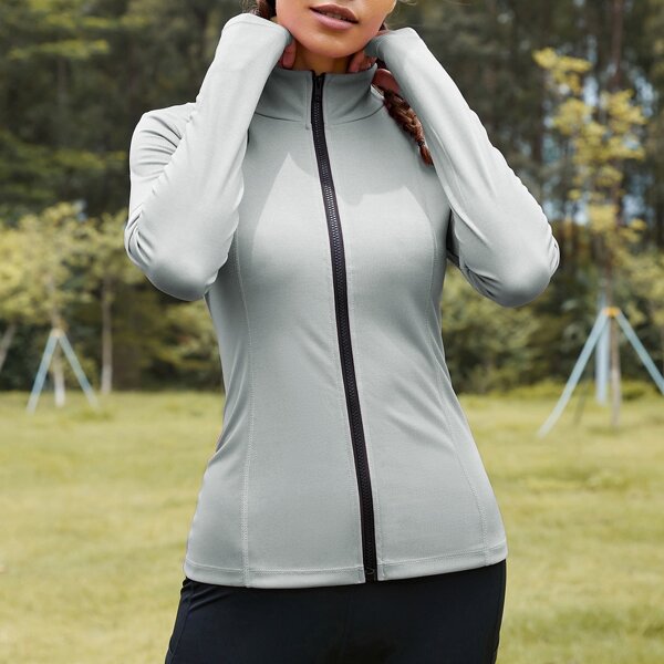 

Solid Zip Up Sports Jacket With Thumb Holes, Light grey