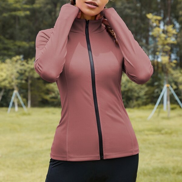 

Solid Zip Up Sports Jacket With Thumb Holes, Redwood