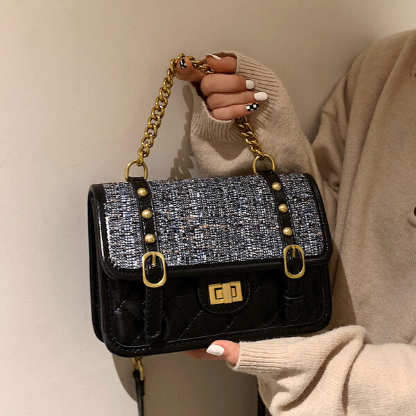 

Glitter Quilted Pattern Flap Square Bag, Black