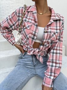 SHEIN Unity Plaid Flap Pocket Drop Shoulder Blouse - Multicolor - View 5