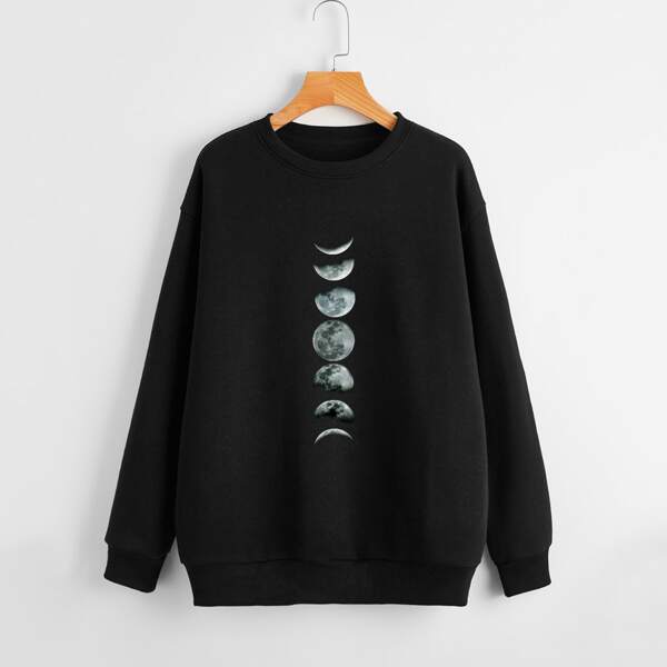 

Moon Print Thermal Lined Sweatshirt, Black