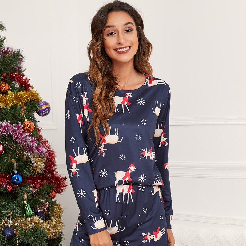 

Christmas Elk And Floral Print PJ Set, Multicolor