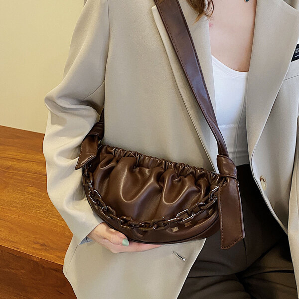 

Ruched Chain Baguette Bag, Coffee brown