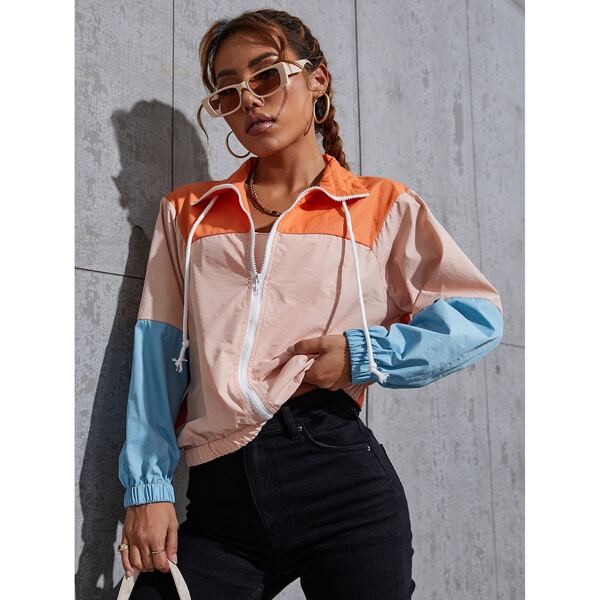 

Color Block Zip-up Drawstring Detail Jacket, Multicolor