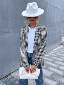 Houndstooth Pattern Lapel Collar Blazer - Black and White - View 3