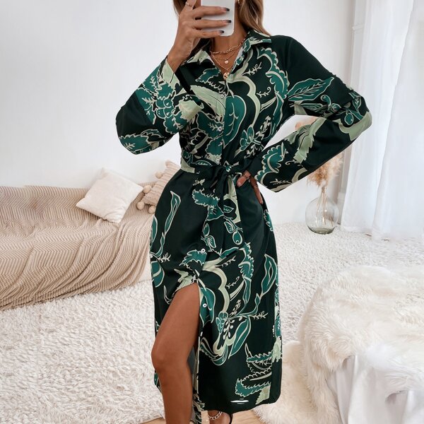 Plant Print Belted Shirt Dress, Multicolor