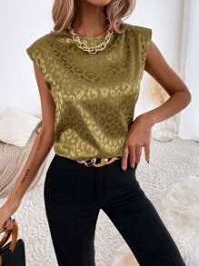 豹紋提花墊肩襯衫 - 橄欖綠 - 查看 1