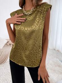 豹紋提花墊肩襯衫 - 橄欖綠 - 查看 6