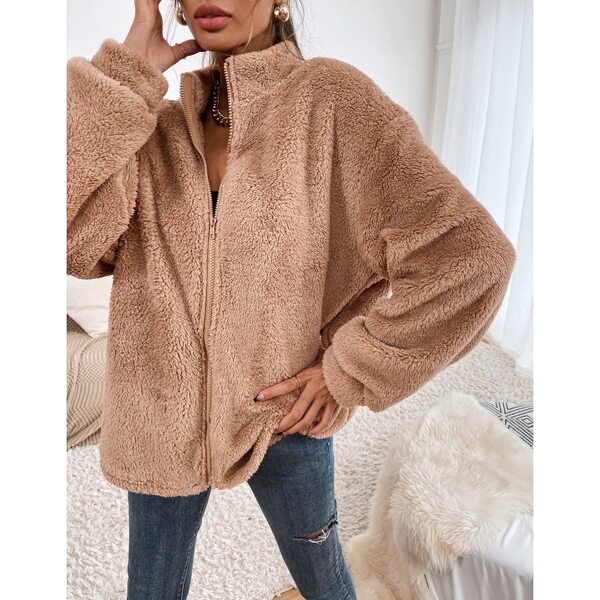

Zip Up Drop Shoulder Flannel Coat, Camel