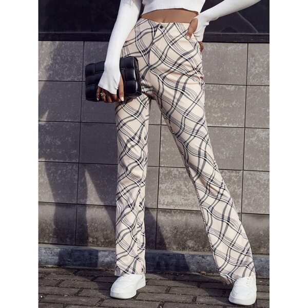 

Plaid High Waist Straight Leg Pants, Apricot