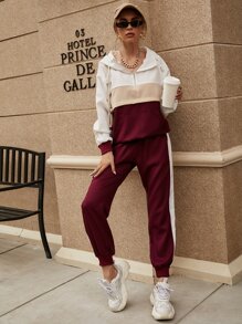 Seusyu Colour Block Half Zip Hoodie & Carrot Trousers - Multicolor - View 5