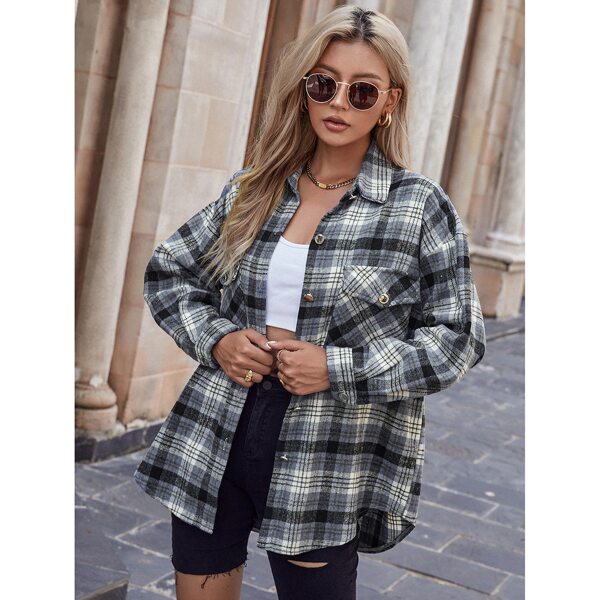 

Plaid Drop Shoulder Flap Pocket Overcoat, Blue and white