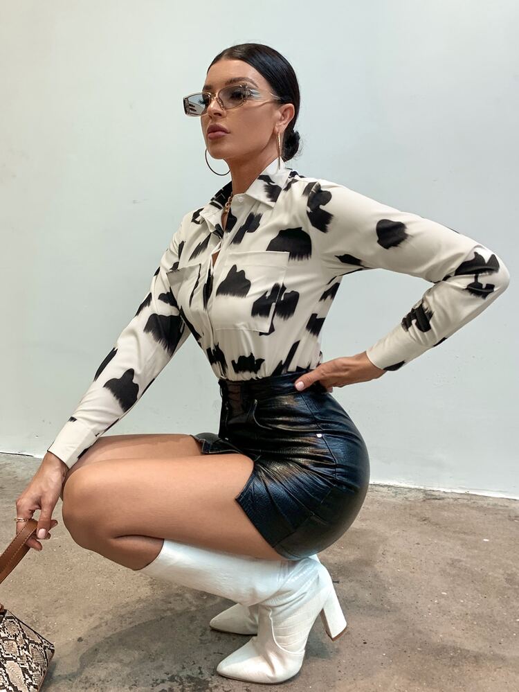 Camisa con estampado de dibujo con bolsillo delantero - Beis - Añade 6
