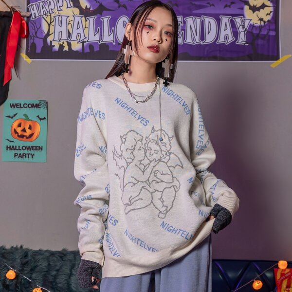 

Letter & Angel Pattern Drop Shoulder Oversized Sweater, White