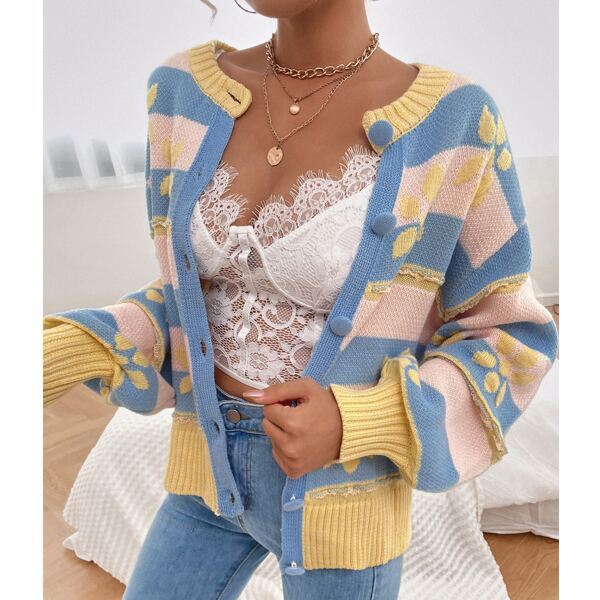 

Floral Pattern Drop Shoulder Colorblock Cardigan, Multicolor