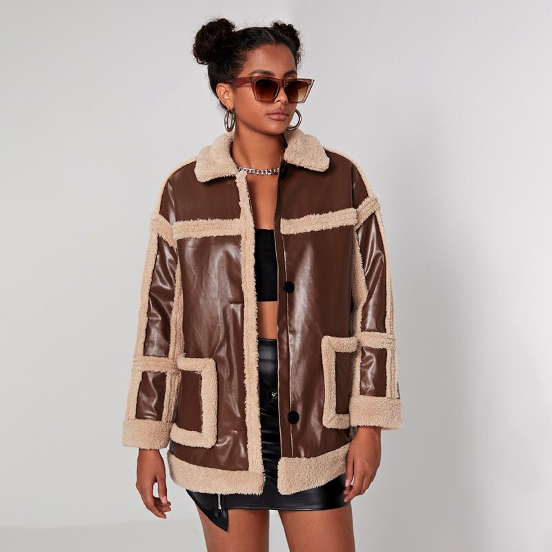 

Dual Pocket Borg Collar Teddy Panel PU Leather Coat, Multicolor