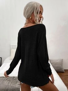 SHEIN LUNE Space Dye Boat Neck Batwing Sleeve Tee - Black - View 2