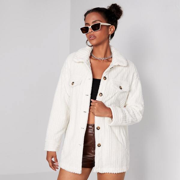 

Flap Pocket Drop Shoulder Teddy Coat, White