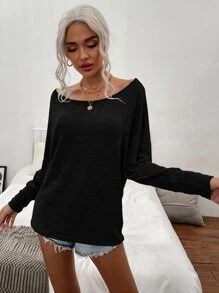 SHEIN LUNE Space Dye Boat Neck Batwing Sleeve Tee - Black - View 4