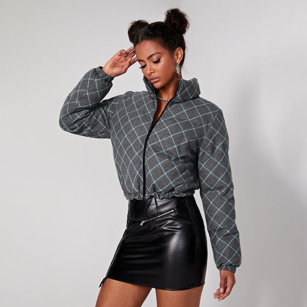 

Argyle Print Drawstring Hem Zipper Puffer Coat, Multicolor