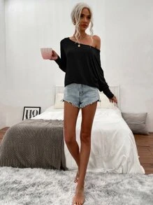SHEIN LUNE Space Dye Boat Neck Batwing Sleeve Tee - Black - View 5