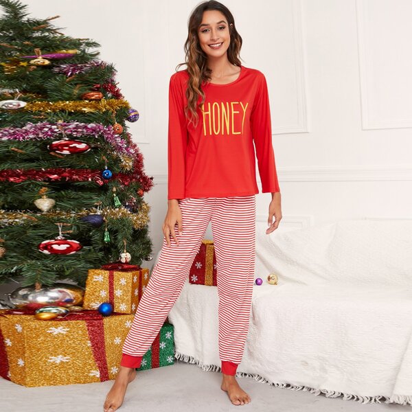 

Letter Graphic Tee & Striped Pants PJ Set, Red