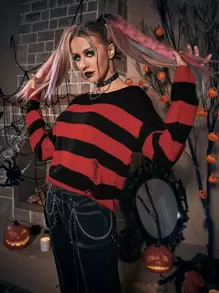 PUNK 條紋圖案破洞落肩袖套頭毛衣 - 彩色 - 查看 4