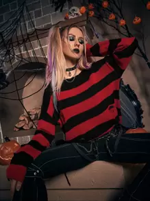 PUNK 條紋圖案破洞落肩袖套頭毛衣 - 彩色 - 查看 7