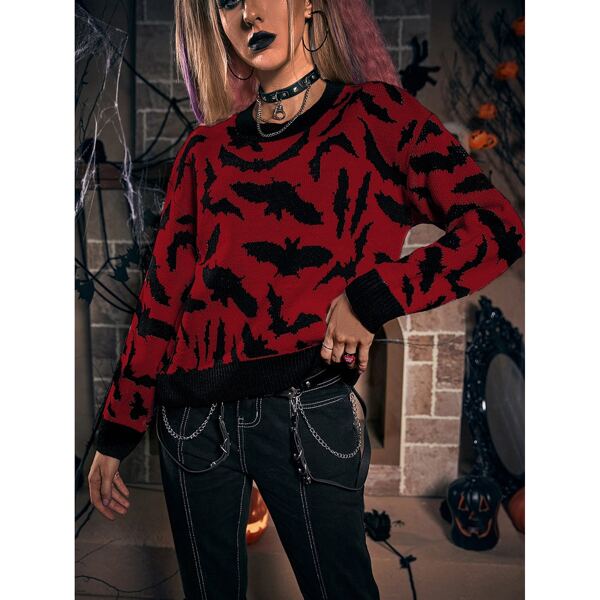 

Bat Pattern Drop Shoulder Sweater, Red