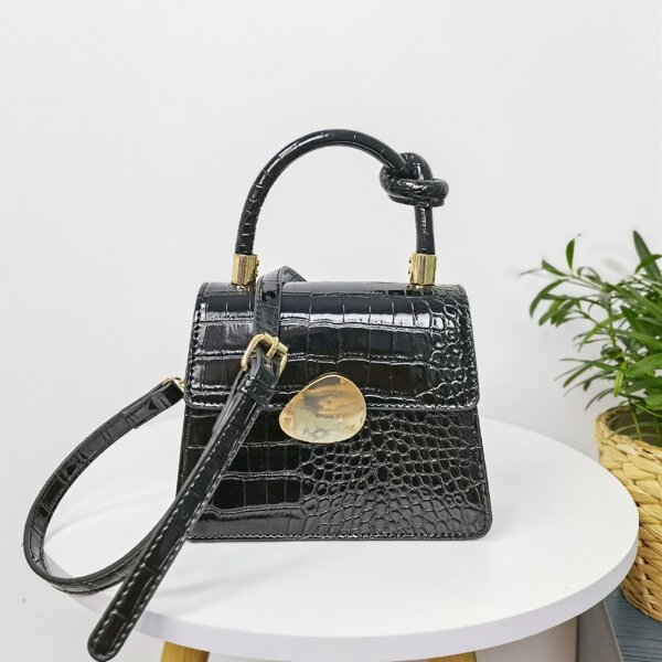 

Croc Embossed Metal Decor Satchel Bag, Black